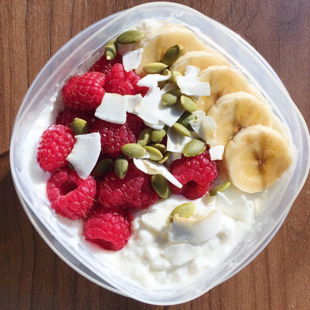 Such a good snack yesterday....cottage cheese, raspberries, banana, coconut and pepitas 